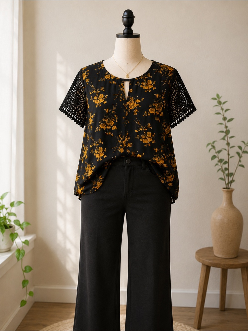 SHEIN Black Top with Mustard Floral Print and Crochet Sleeves ($6 with bundle)